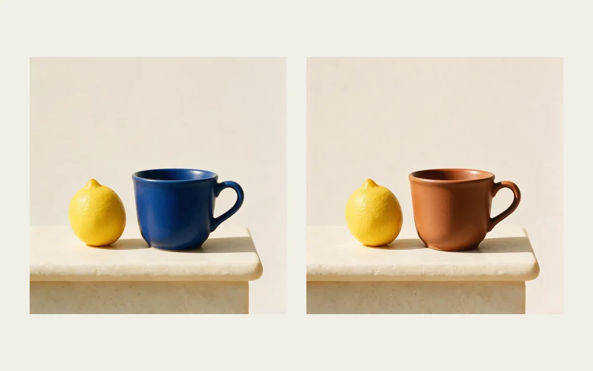 Galta at work: a circled cup, before and after “Make the cup terracotta”